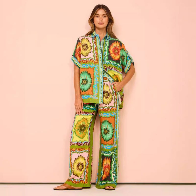 Coconut Tree Pattern Polyester Printed Lapel Shirt Straight Pants Set
