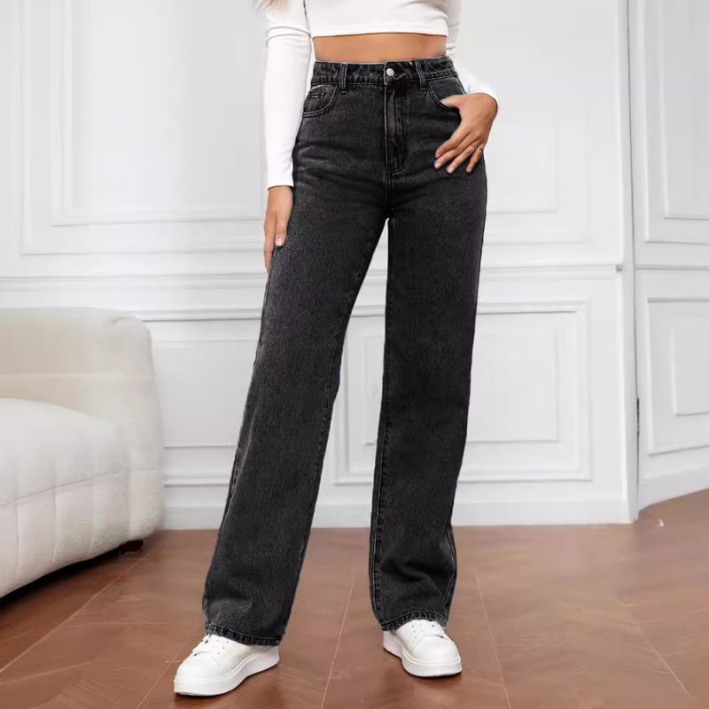 Black Polyester Straight Jeans
