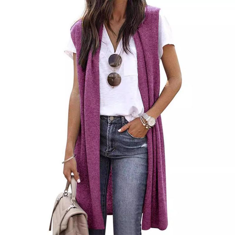 Rose Red Polyester Knitted Sleeveless Vest Jacket