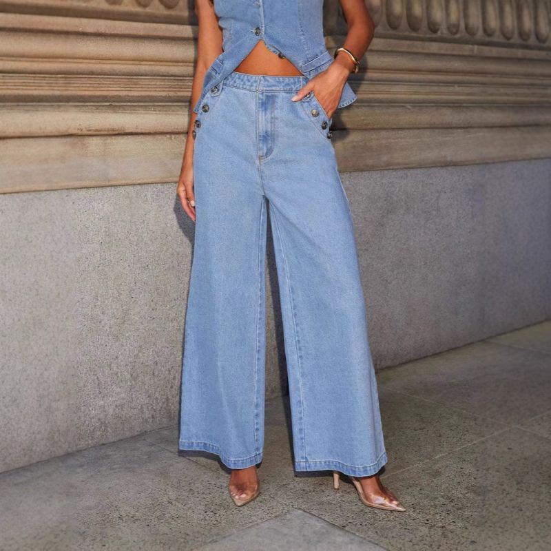Conjunto De Chaleco Y Pantalón Recto Sin Mangas De Algodón Abotonado