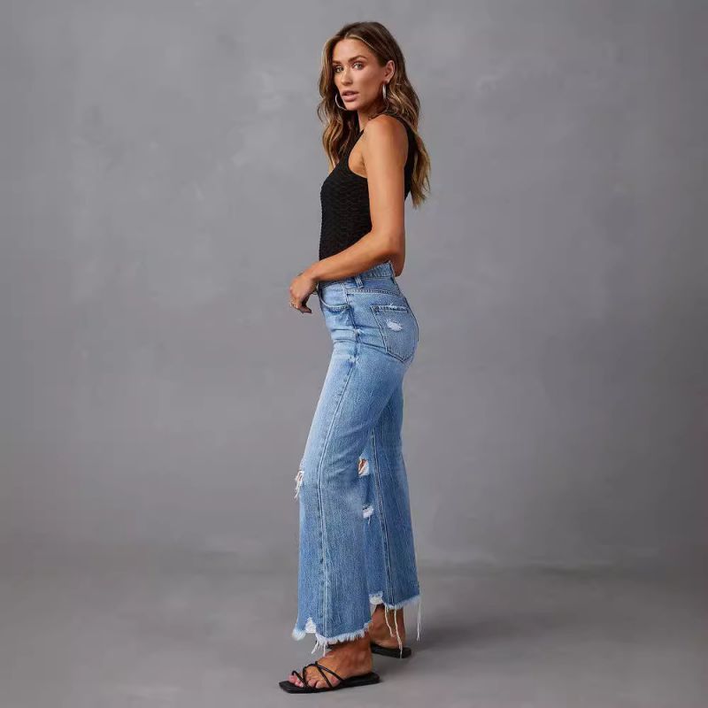 Pantalones Vaqueros De Cintura Alta Con Rotos De Poliéster