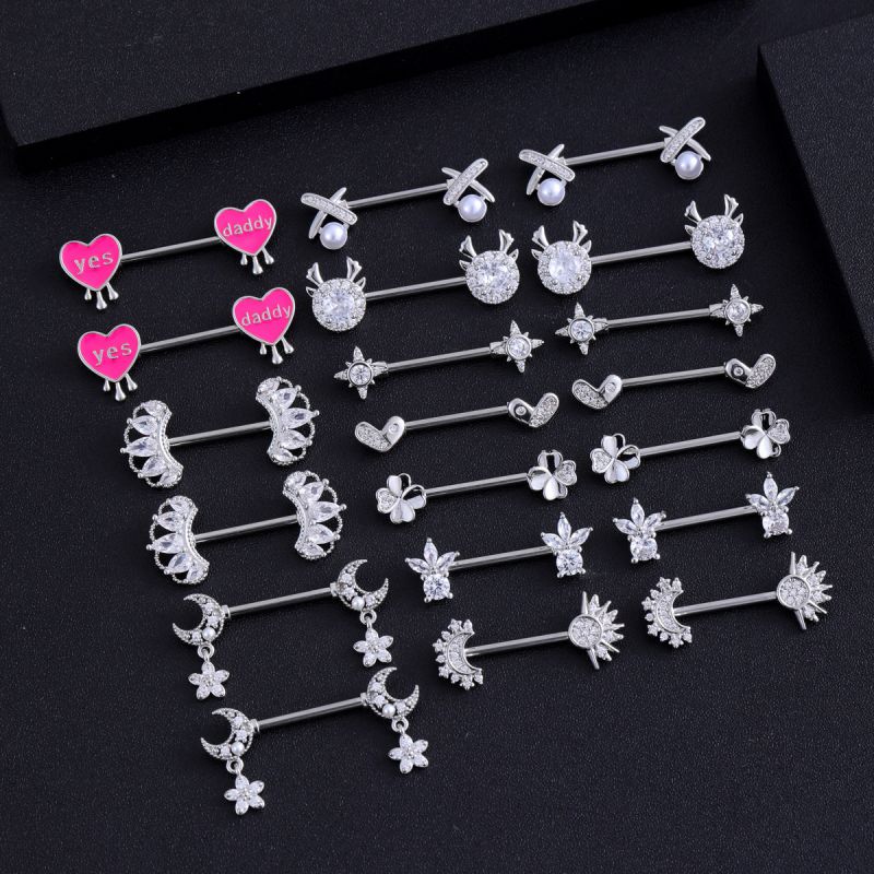 Piercing Geométrico Para Pezón Con Forma De Corazón Y Corona De Diamantes De Acero Inoxidable