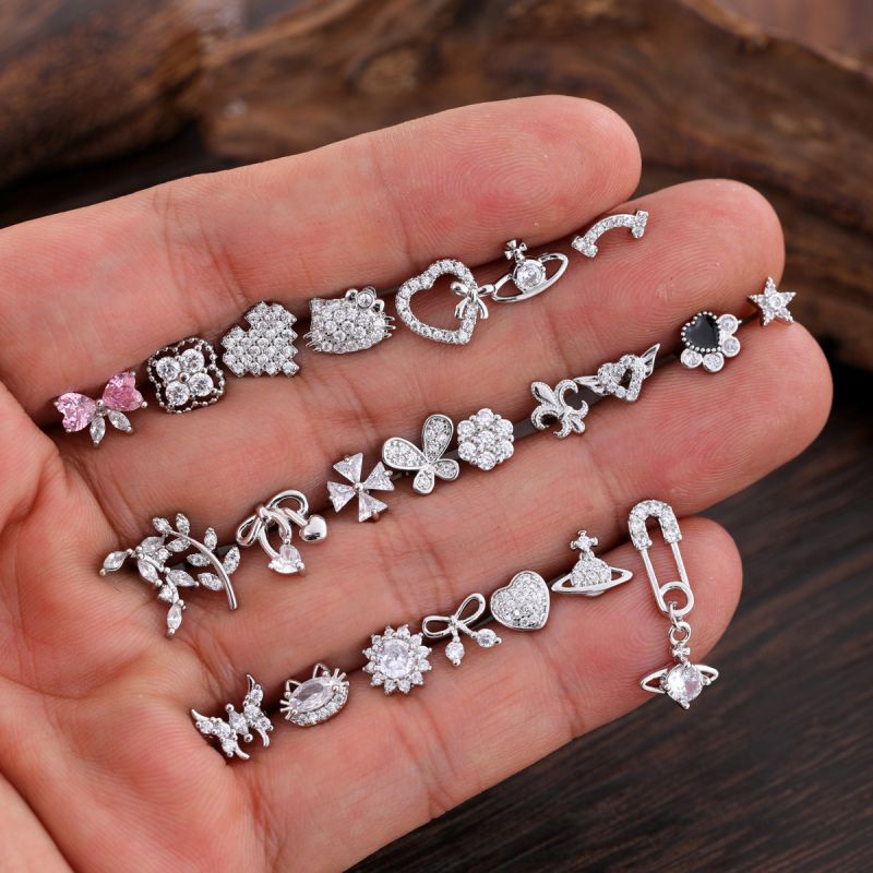 Cat Stainless Steel Diamond Geometric Piercing Earrings [single]