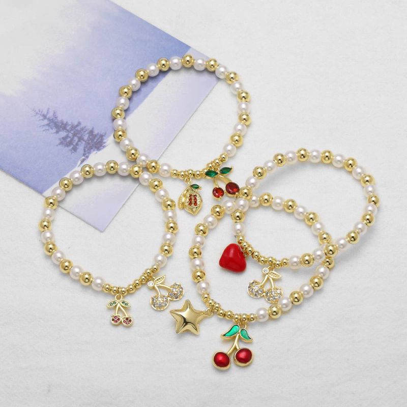 D Copper Plated Gold Pearl Beaded Fruit Cherry Bracelet