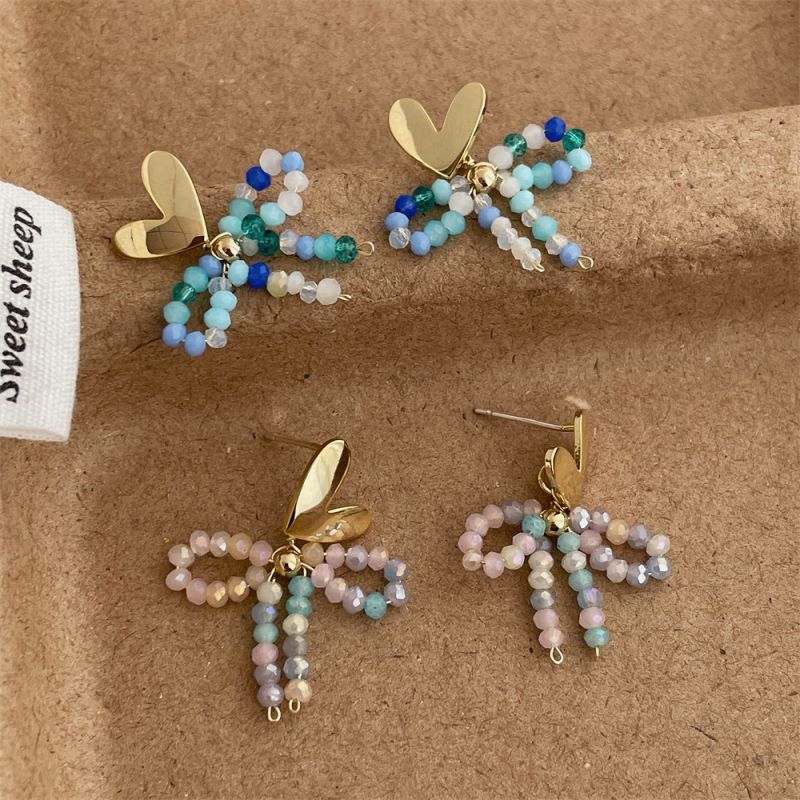 Blue Crystal Beaded Bow Heart Earrings