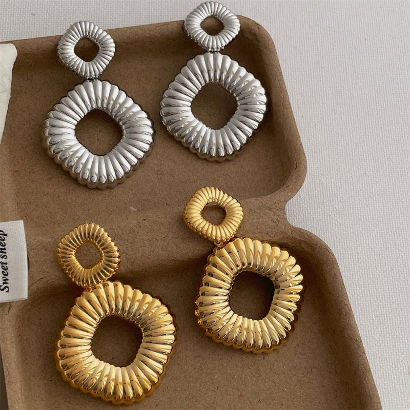 Gold Metal Square Round Hollow Earrings
