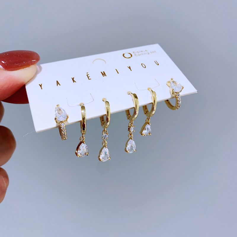 Gold Copper Inlaid Zirconium Geometric Teardrop Earring Set