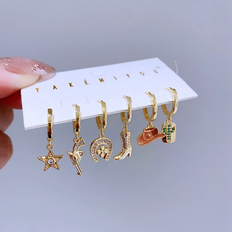 Gold Copper And Diamond Geometric Earring Set