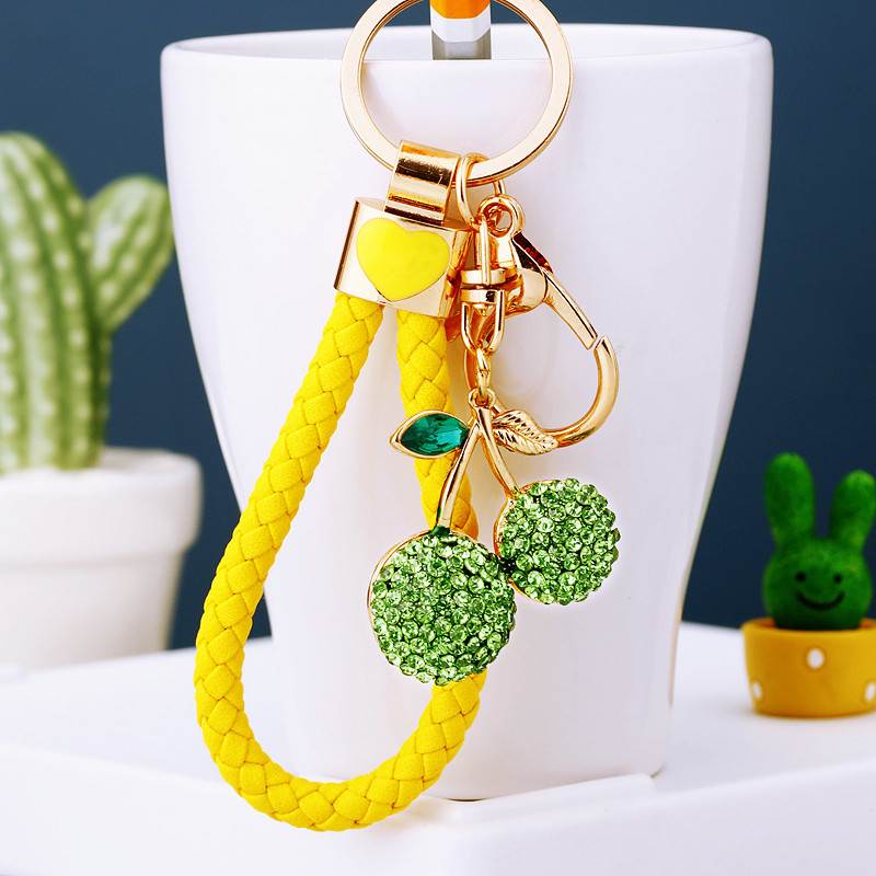 Sky Blue Lucky Rope + Full Diamond Cherry Green Metal Diamond Cherry Keychain