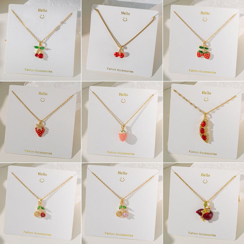 【copper Pendant】small Cherry Necklace Gold Titanium Steel Diamond Cherry Strawberry Grape Fruit Necklace