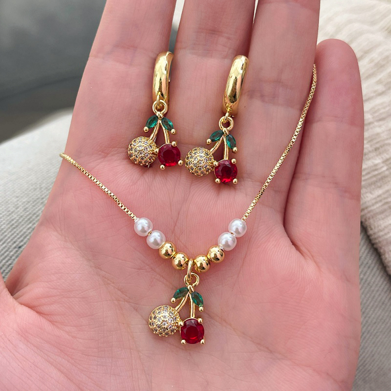 Gold 2 Copper Inlaid Zircon Cherry Earrings