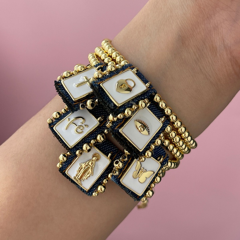 Gold 1 Copper Oil Dripping Square Cross Denim Copper Bead Braided Bracelet (4mm)