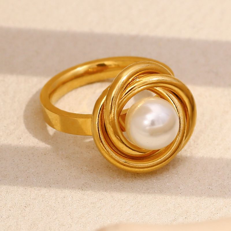 Wrap Pearl Ring - Gold Stainless Steel Pearl Round Ring
