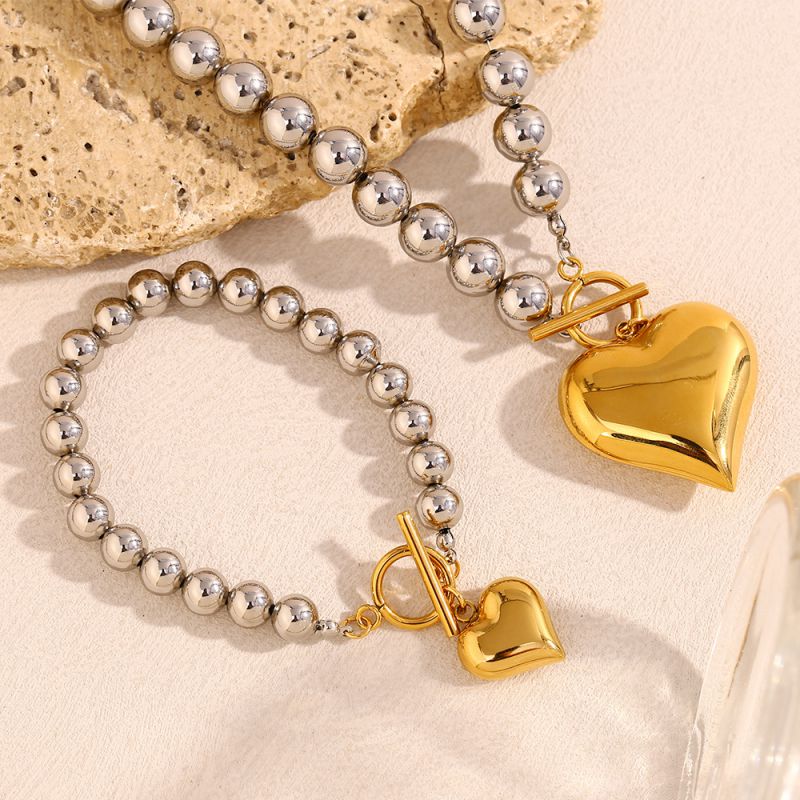 Collar De Corazón De Cuentas De Acero Inoxidable