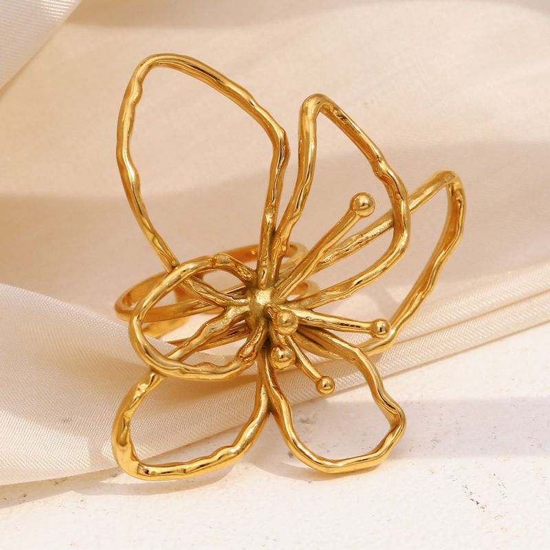 Line Flower Open Ring-gold Stainless Steel Gold-plated Line Flower Open Ring