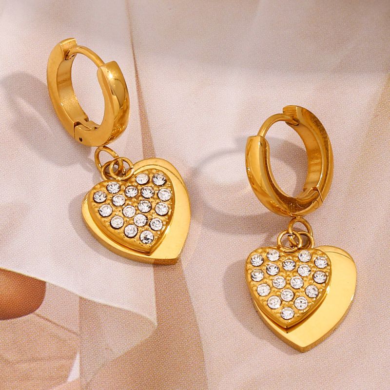 Zircon Heart Earrings-gold Stainless Steel Gold-plated Zirconium Heart Earrings