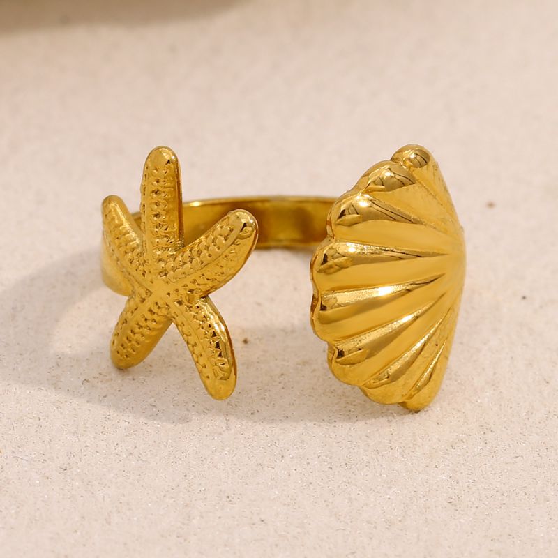 Starfish Shell Open Ring-gold Stainless Steel Starfish Shell Ring