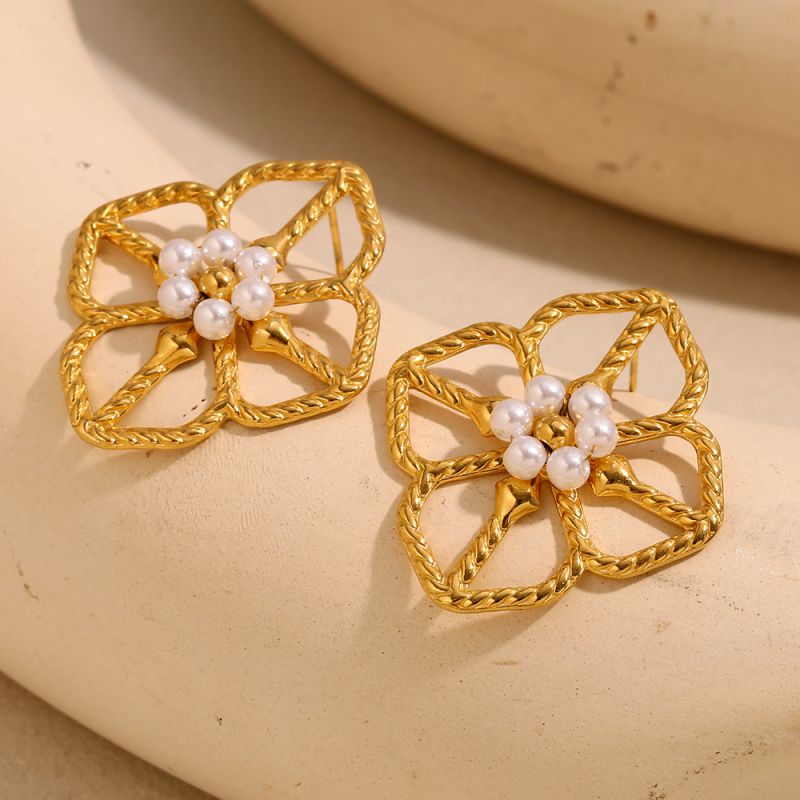 Diamond Flower Earrings-gold Stainless Steel Gold-plated Diamond Flower Earrings
