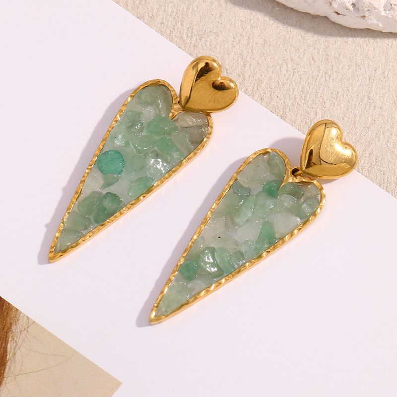 Green Gravel Adhesion Long Heart Earrings-gold Stainless Steel Gold-plated Green Heart Earrings