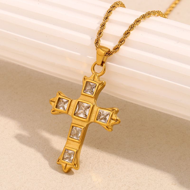 Zircon Cross Necklace - Gold Stainless Steel Gold-plated Zirconium Cross Necklace