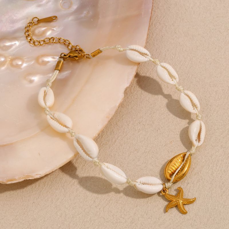 Shell And Starfish Anklet - Gold Stainless Steel Gold-plated Shell Starfish Anklet