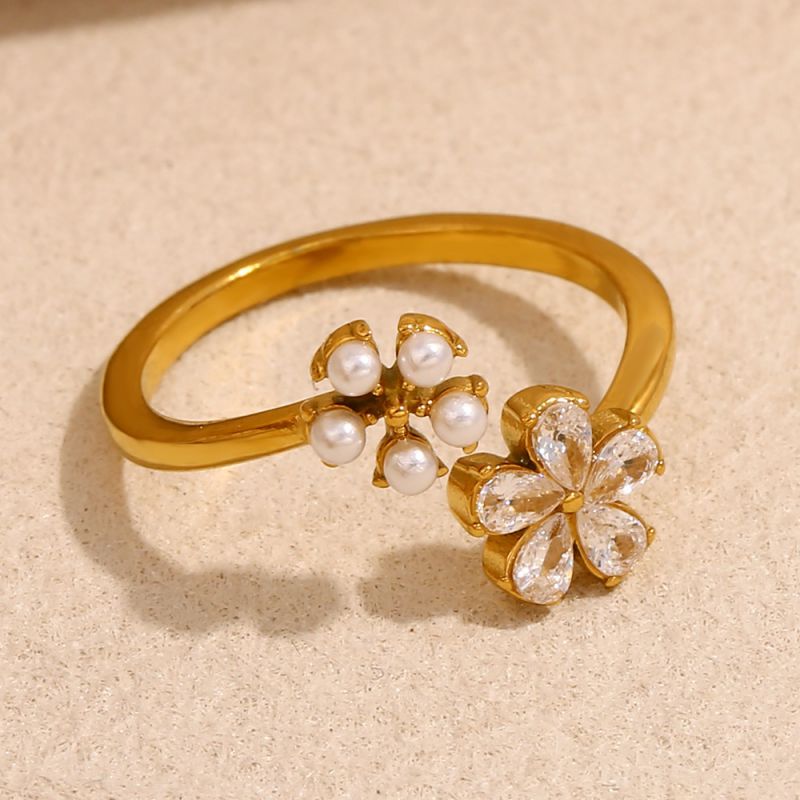 Flower Open Ring-gold Stainless Steel Gold-plated Diamond Pearl Flower Open Ring