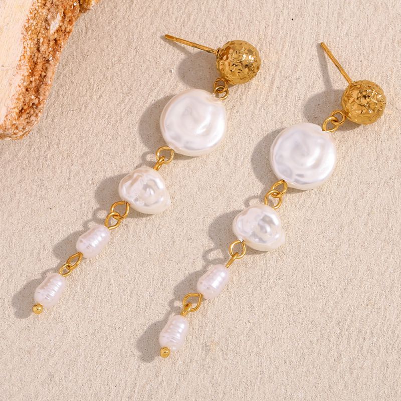 Imitation Pearl Long Pendant Earrings-gold Stainless Steel Gold-plated Imitation Pearl Earrings
