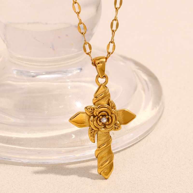 Rose Cross Pendant Necklace - Gold Stainless Steel Rose Cross Pendant Necklace