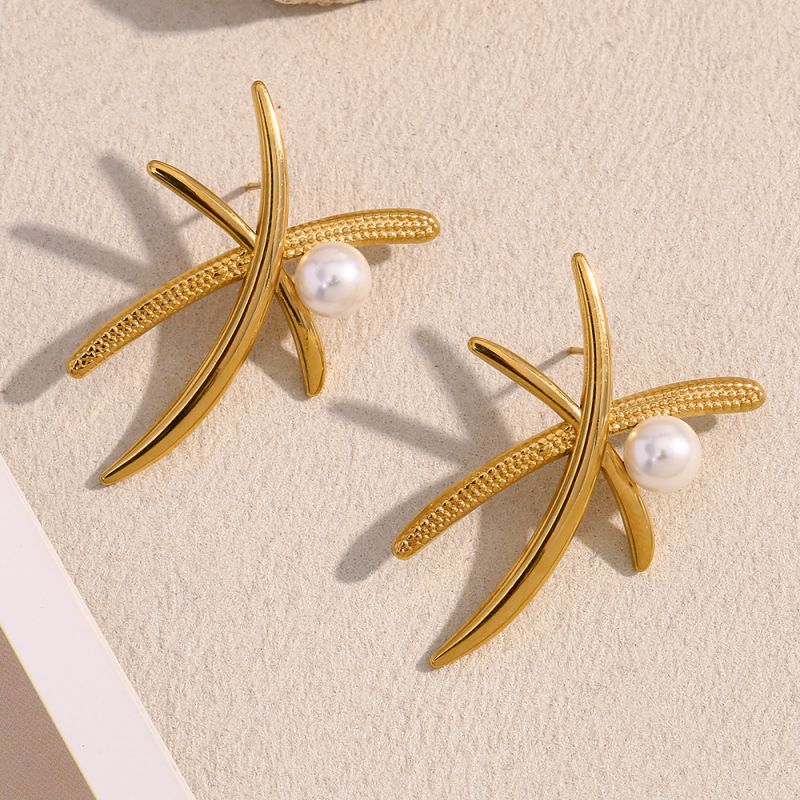 Exaggerated Coconut Tree Shape Pearl Earrings-gold Stainless Steel Pearl Coconut Tree Earrings