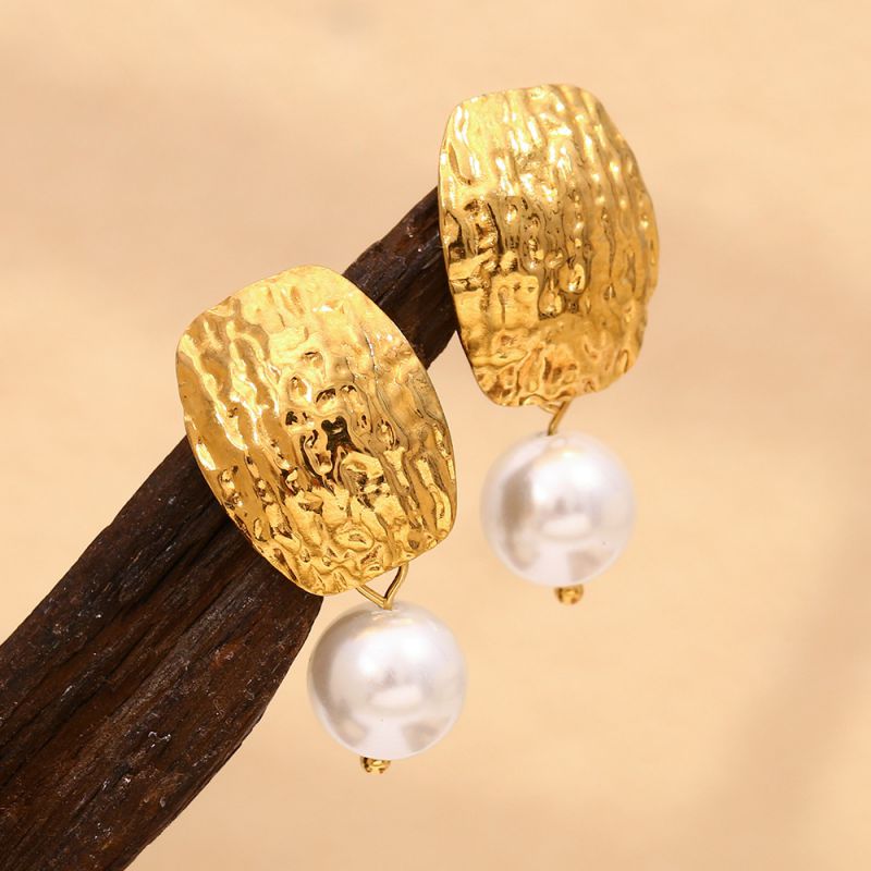 Hammered Pearl Earrings-gold Stainless Steel Hammered Pearl Earrings