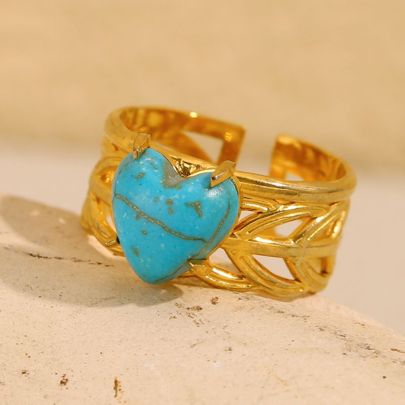 Blue Turquoise Heart Open Ring-gold Stainless Steel Blue Turquoise Heart Open Ring