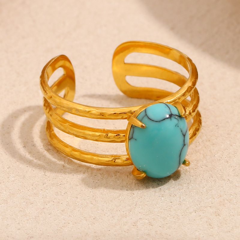 Turquoise Double Layer Open Ring-gold Stainless Steel Turquoise Round Ring