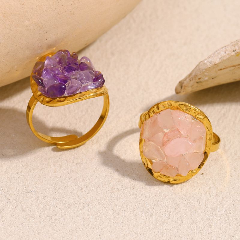 Pink Gravel Adhesion Open Ring-gold Stainless Steel Gravel Irregular Ring