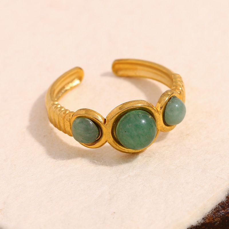 Three Green Aventurine Open Ring-gold Stainless Steel Natural Stone Ring