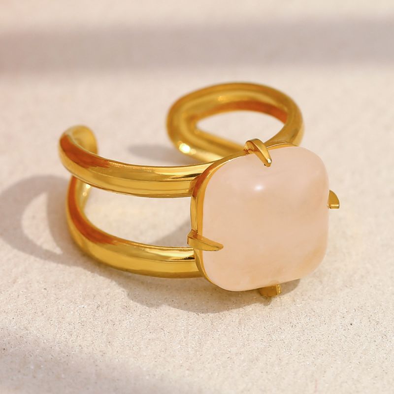 Pink Jade Open Ring-gold Stainless Steel Square Natural Stone Ring