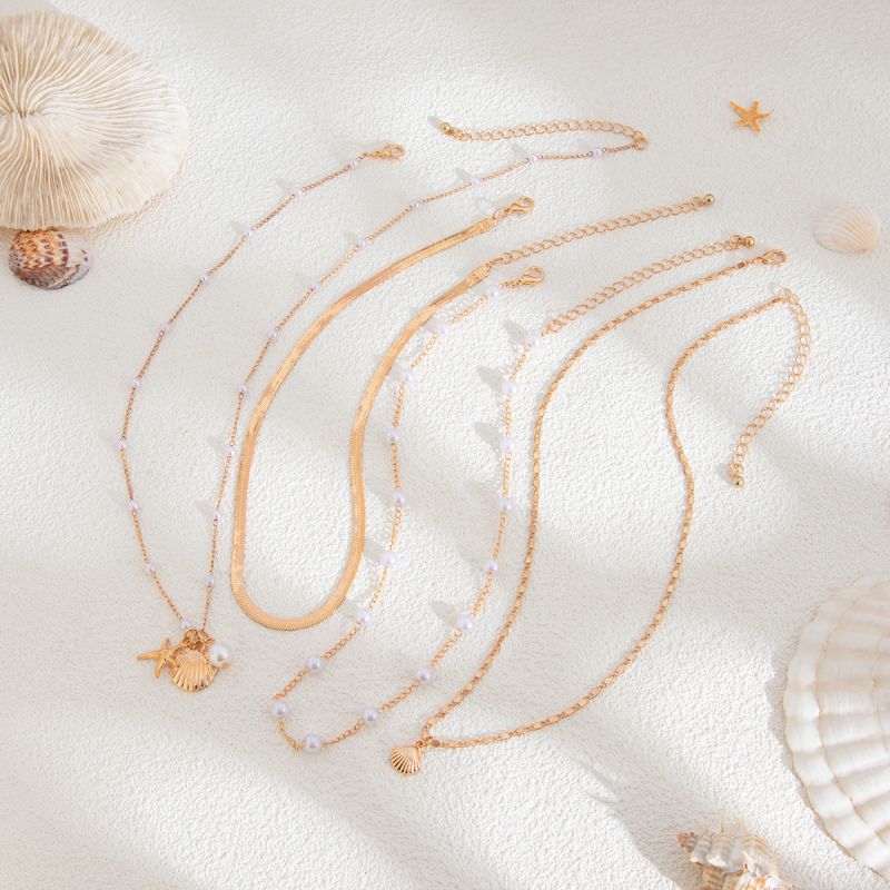Gold Metal Pearl Starfish Shell Multilayer Necklace