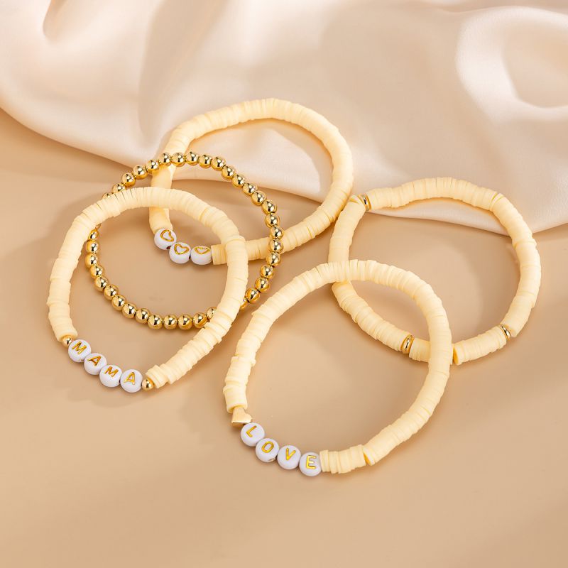 Beige Polymer Clay Letter Beaded Bracelet Set