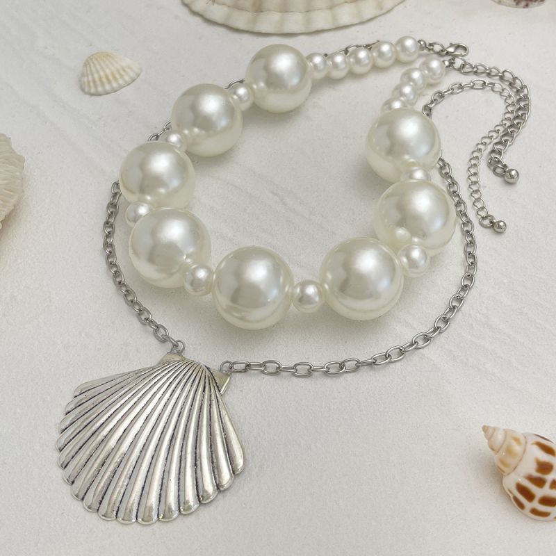 Gold Pearl Beaded Shell Double Necklace