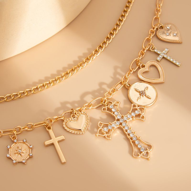 01 Gold Necklace Set Alloy Diamond Cross Heart Pendant Double Necklace