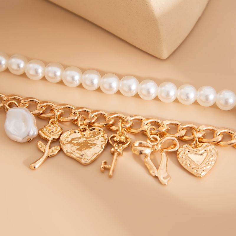 01 Gold Bracelet Pearl Beaded Heart Flower Bracelet Set