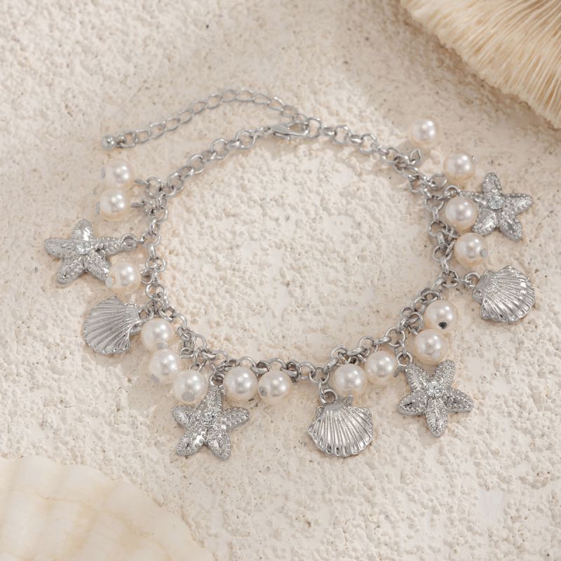 Tobillera De Metal Con Perla Estrella De Mar Y Concha