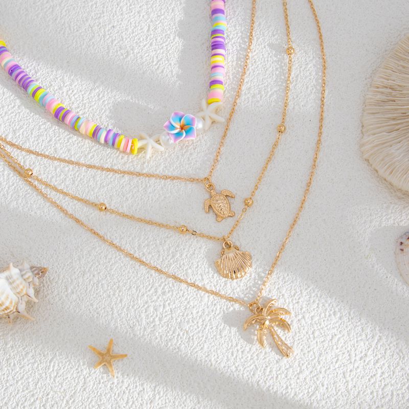 01 Gold Necklace Set Colorful Polymer Clay Beaded Shell Fishtail Multi-layer Necklace