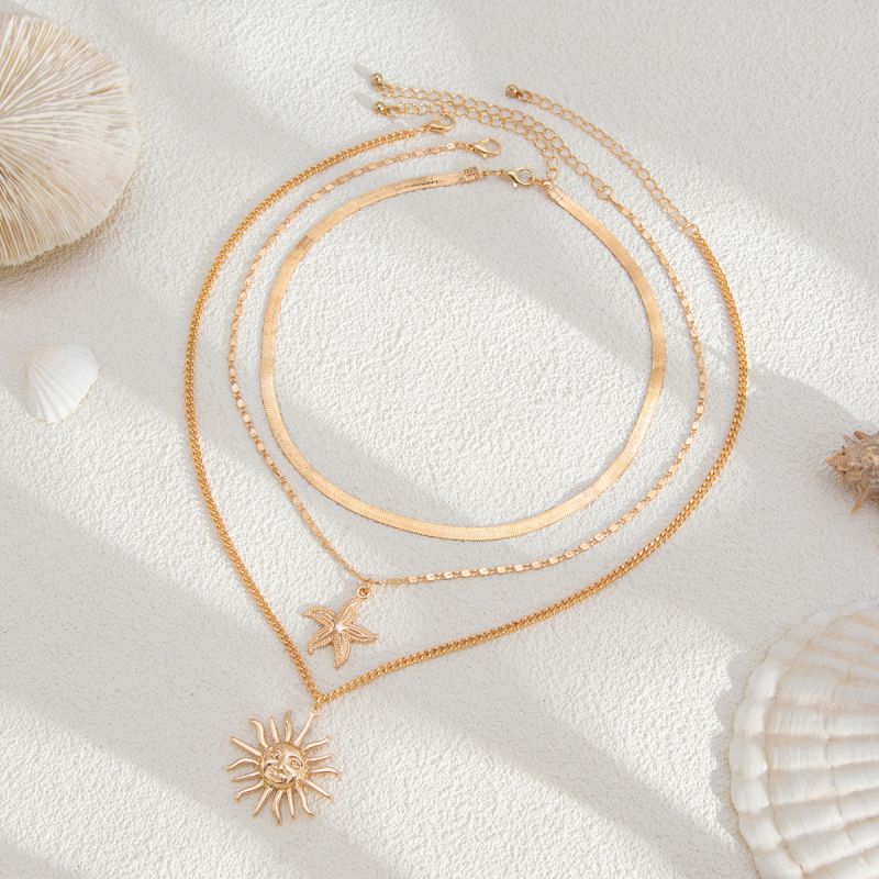 01 Gold Necklace Alloy Sun Starfish Snake Bone Multi-layer Necklace