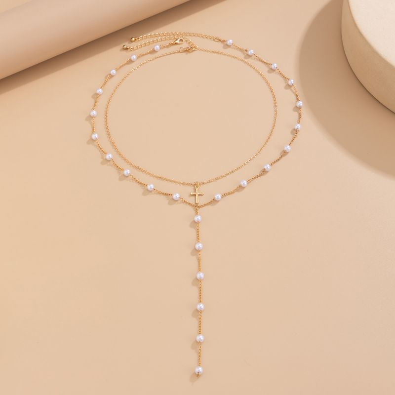 Gold Necklace Set Metal Pearl Cross Double Necklace