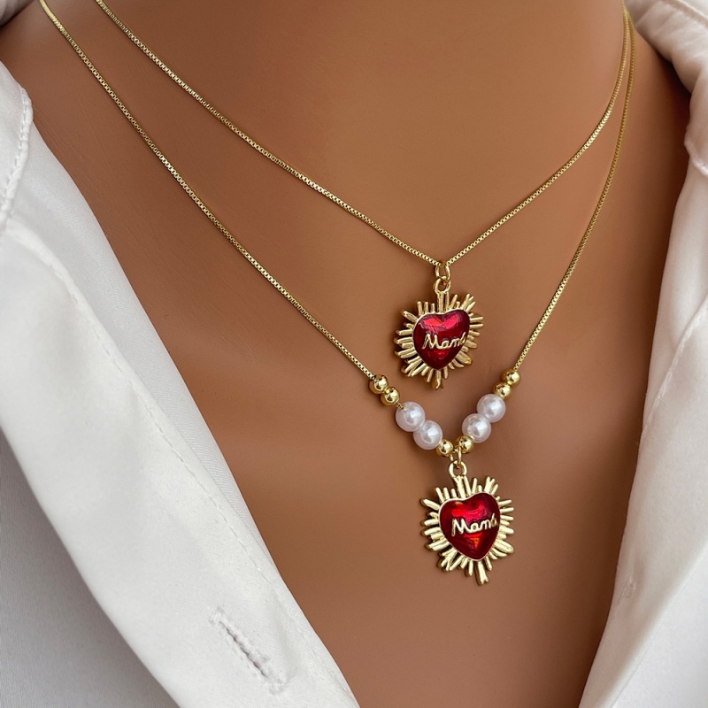 Red 1 Copper Oil Drip Heart Mama Beaded Necklace (4mm)