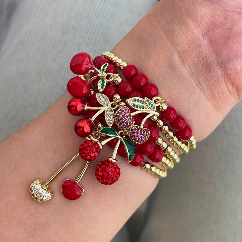 Red 1 Copper Inlaid Zircon Oil Drop Cherry Beaded Bracelet (4mm)