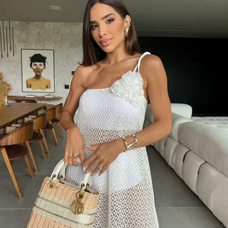 White Polyester One Shoulder One-piece Boy Shorts Beach Dress Set
