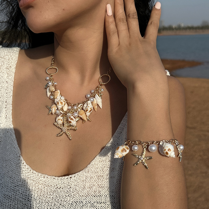 Necklace Alloy Starfish Conch Double Layer Necklace