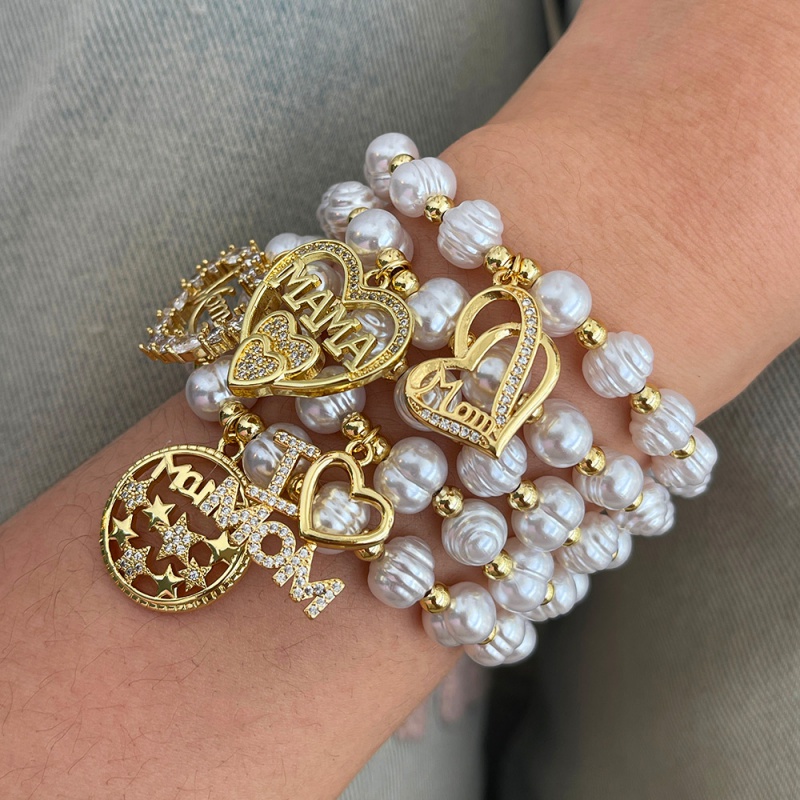 Gold 5 Copper Inlaid Zircon Mother's Day Series Freshwater Pearl Braided Bracelet (4mm)