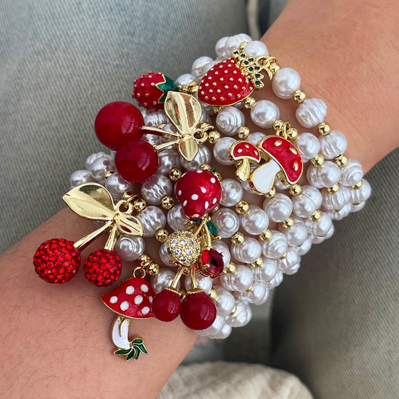 Gold 1 Copper Inlaid Zircon Cherry Freshwater Pearl Braided Bracelet (4mm)